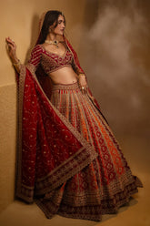 Multi Colored Raw Silk Heavy Bridal Lehenga with Curved Sweet Heart Neck Blouse and Double Dupatta